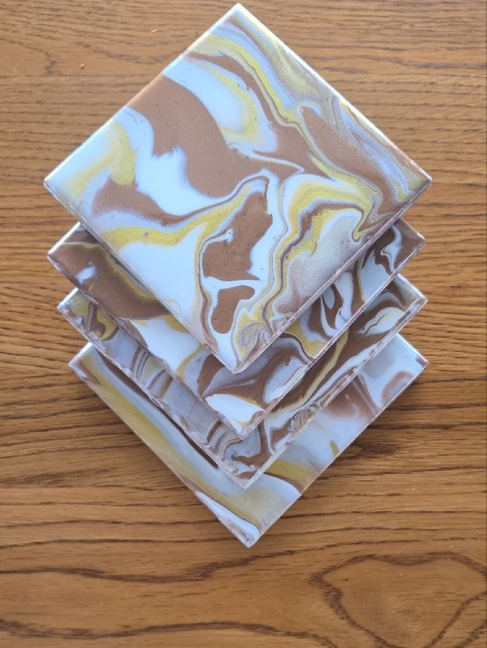 Hand Crafted Marble Coaster Set in White, Gold, and Brown